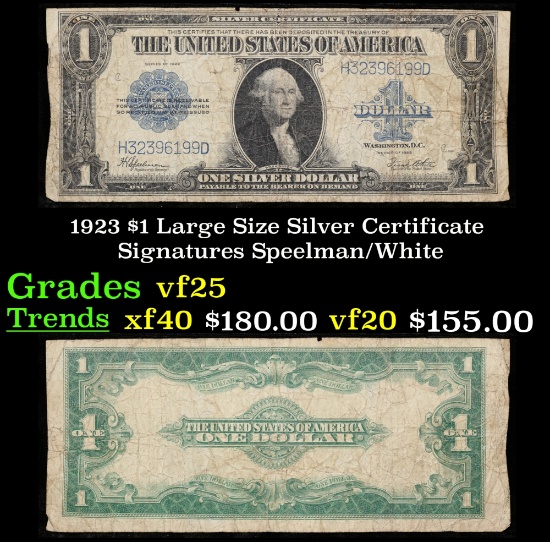 1923 $1 large size Silver Certificate Grades vf+ Signatures Speelman/White