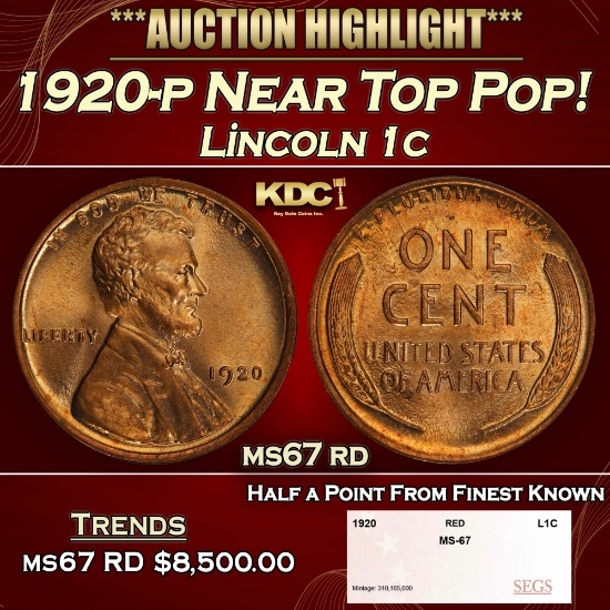 1920-p Lincoln Cent Near Top Pop! 1c ms67 rd SEGS