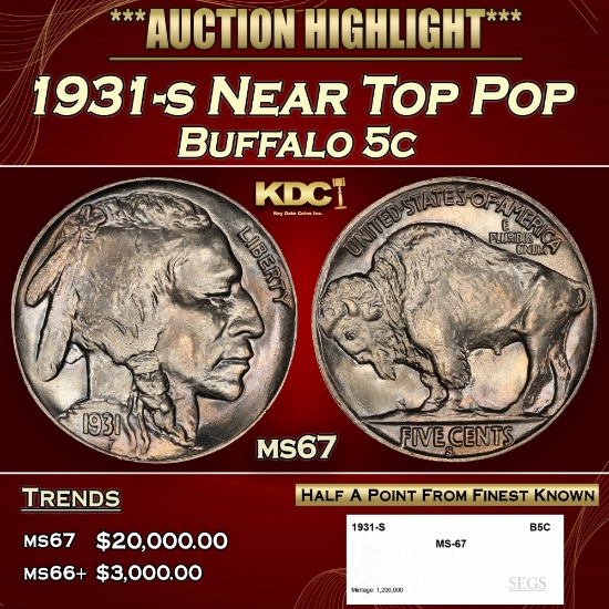 1931-s Buffalo Nickel Near Top Pop 5c ms67 SEGS