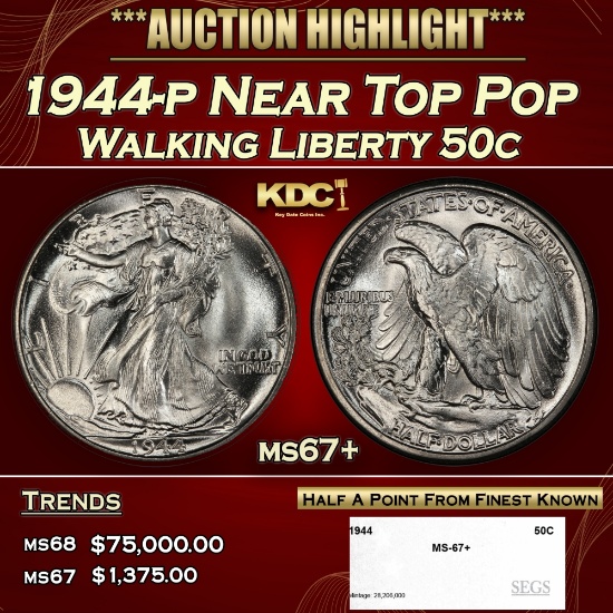 1944-p Walking Liberty Half Dollar Near Top Pop 50c ms67+ SEGS