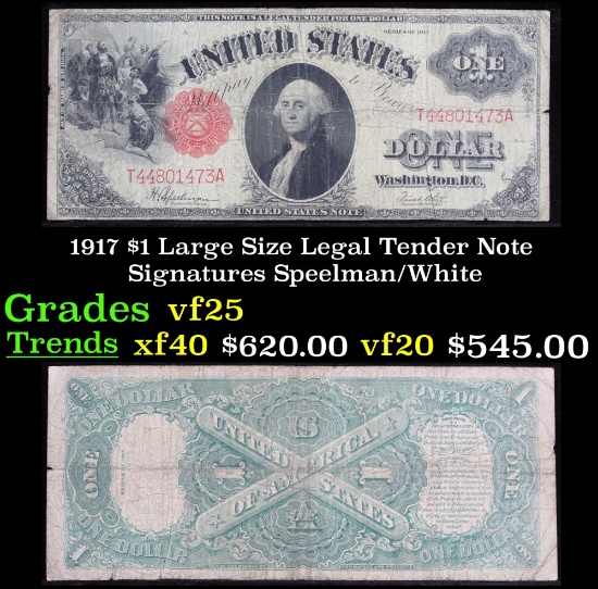 1917 $1 Large Size Legal Tender Note Grades vf+ Signatures Speelman/White