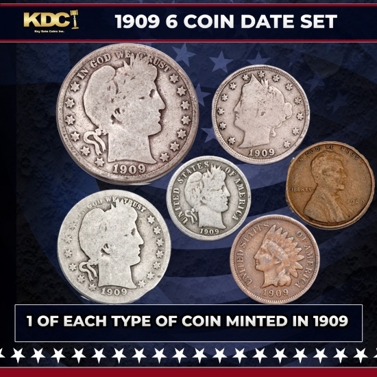 1909 6 Coin Date Set, 1 Of Each Type Of Coin Minted in 1909