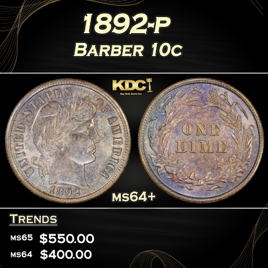 1892-p Barber Dime 10c Grades ms64+