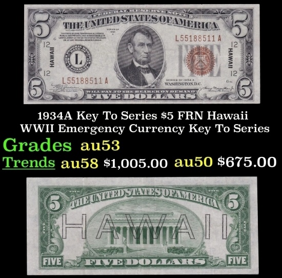 1934A $5 FRN Hawaii WWII Emergency Currency Grades Select AU