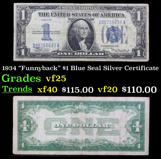 1934 $1 Blue Seal Silver Certificate "Funnyback" Grades vf+