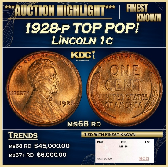1928-p Lincoln Cent TOP POP! 1c ms68 rd SEGS