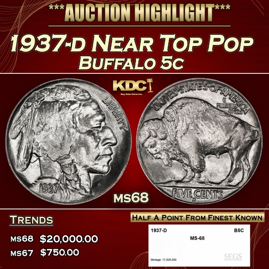 1937-d Buffalo Nickel Near Top Pop 5c ms68 SEGS