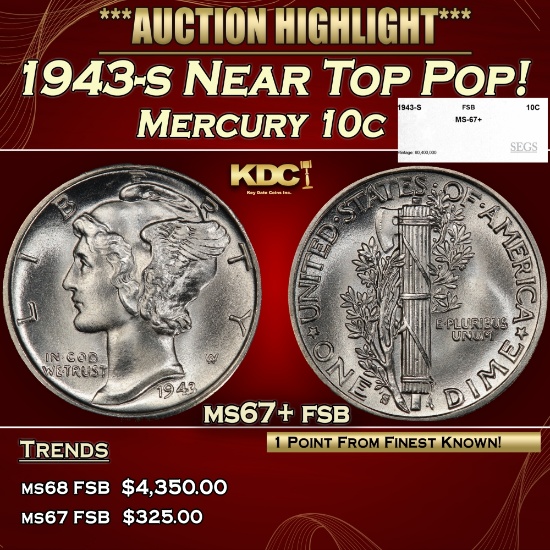 1943-s Mercury Dime Near Top Pop! 10c ms67+ fsb SEGS