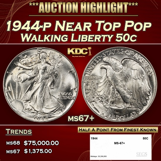 1944-p Walking Liberty Half Dollar Near Top Pop 50c ms67+ SEGS
