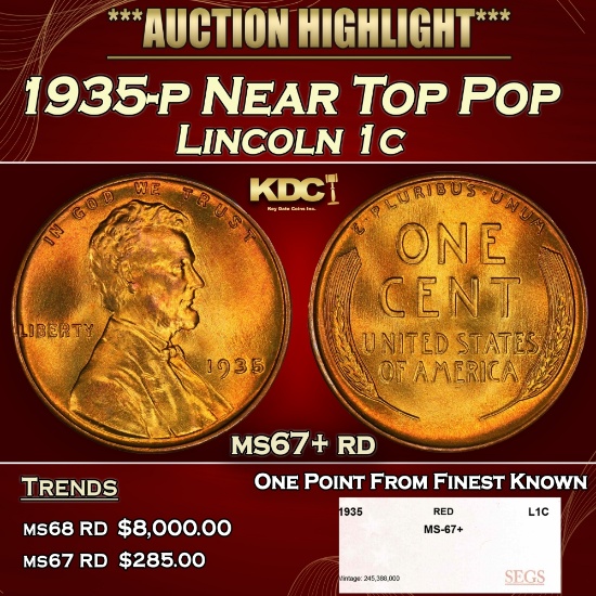 1935-p Lincoln Cent Near Top Pop 1c ms67+ rd SEGS