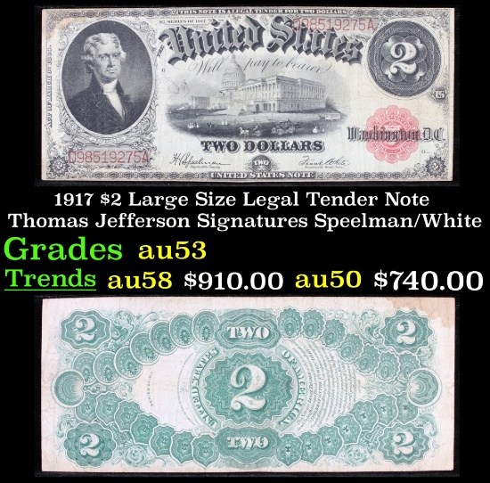 1917 $2 Large Size Legal Tender Note Thomas Jefferson Grades Select AU Signatures Speelman/White