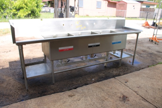Stainless 118" 3 Compartment Sink with 24"x24" Bowls & Overshelf