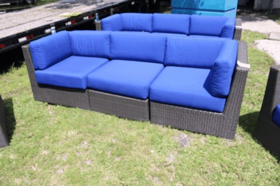 Aluminum Wicker Blue Cushions Outdoor Sofa