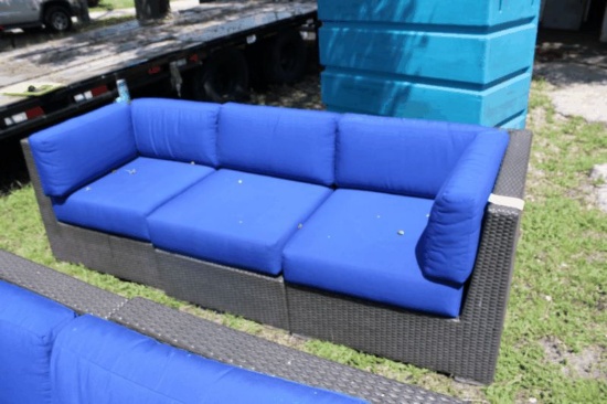 Aluminum Wicker Blue Cushions Outdoor Sofa
