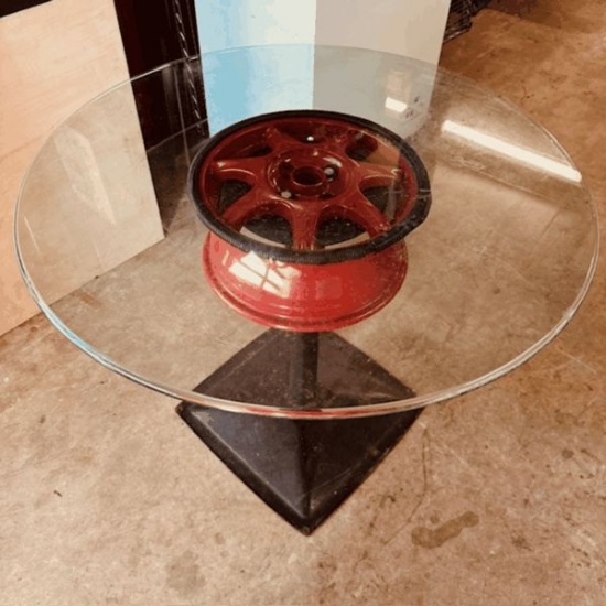 36" Round Glass Table with Car Rim Style Base
