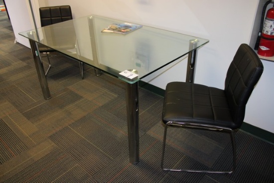 59"x35.5" Glass Table Chrome Legs & 2 Chairs