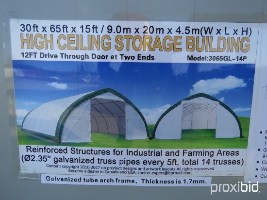 STORAGE BUILDING 30FT X 65FT X 15FT PEAK CEILING DOUBLE DOOR, COM FABRIC, W