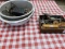 WOODEN TOOL BOX W/ YARN, SCISSORS, SPOONS IRON, TAPE MEASURE, CHEESE GRADER, 2 PAN/POTS, OTHER MISC