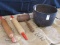 QTY 2) WOODEN ROLLING PINS QTY 1) WOODEN HAMMER QTY 1) CAST IRON POT - HOLE IN POT