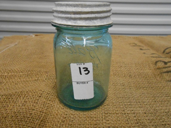 ANTIQUE GREEN PINT MASON JAR W/ ZINC LID