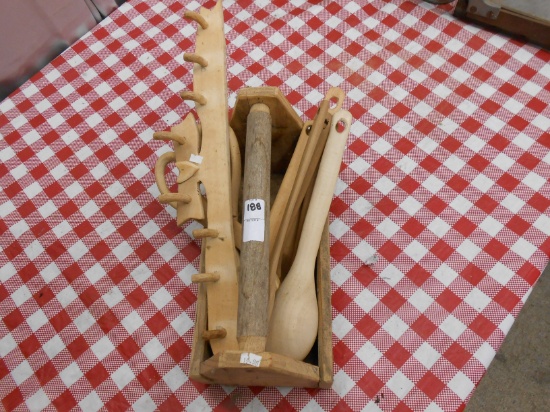 WOODEN BOX W/ MISC UTENSILS