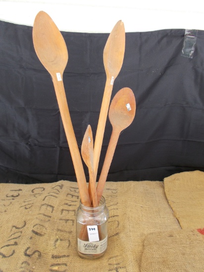 QTY 4) WOODEN SPOONS QTY 1) GLASS JAR