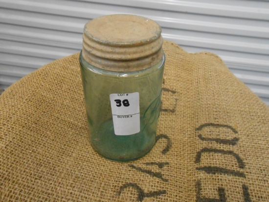ANTIQUE GREEN PINT MASON JAR W/ ZINC LID
