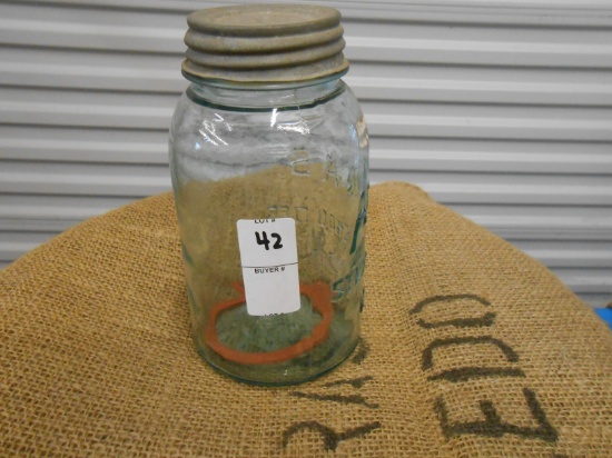 ANTIQUE GREEN QUART MASON JAR W/ ZINC LID