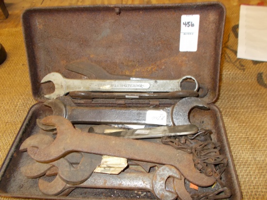 METAL BOX OF ASSORTED WRENCHES