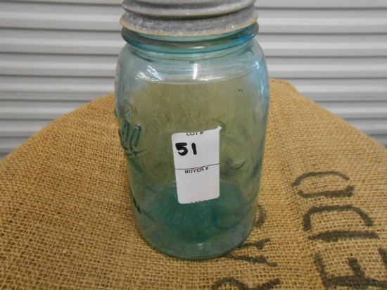 ANTIQUE GREEN QUART MASON JAR W/ ZINC LID