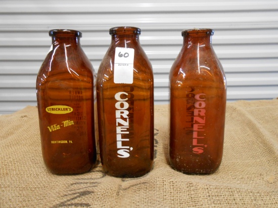 QTY 3) BROWN GLASS MINERAL QUART MILK JARS