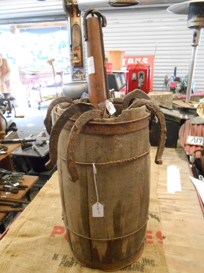 BARREL OF HORSE SHOES & SINGLE TREE
