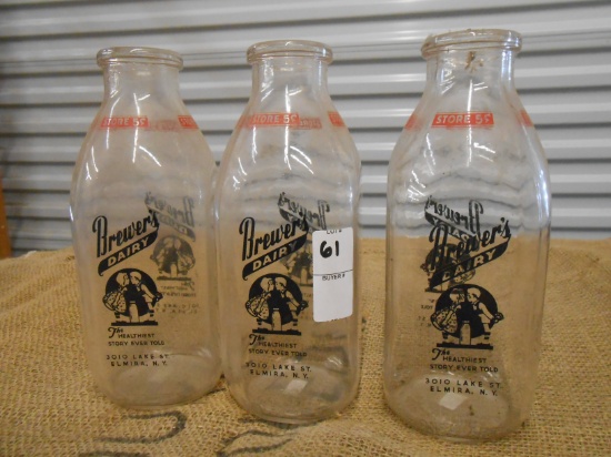 QTY 3) BREWERS DAIRY GLASS QUART MILK JARS
