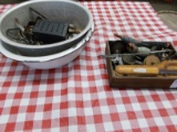 WOODEN TOOL BOX W/ YARN, SCISSORS, SPOONS IRON, TAPE MEASURE, CHEESE GRADER, 2 PAN/POTS, OTHER MISC