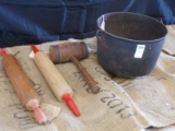 QTY 2) WOODEN ROLLING PINS QTY 1) WOODEN HAMMER QTY 1) CAST IRON POT - HOLE IN POT