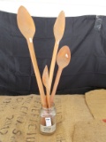 QTY 4) WOODEN SPOONS QTY 1) GLASS JAR