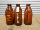 QTY 3) BROWN GLASS MINERAL QUART MILK JARS
