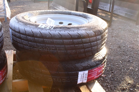 QTY 2) TRAILER TIRES ON 5 LUG WHEELS ST205 / 75-15, TAG #8495