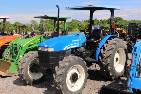 NEW HOLLAND WORKMASTER 75 4WD, CANOPY TOP, 8 SPD TRANS, 1 REMOTE, 3PT HITCH, PTO, 1552 HRS, TAG #450