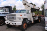 '91 FORD F-800 FLATBED CRANE TRUCK FORD DIESEL ENG, MAN TRANS W/ 2 SPD REAR END, NATIONAL 500B HYDRA