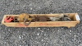 WOOD BOX WITH ASSORTED CLEVISES,PULLEYS AND HOOKS