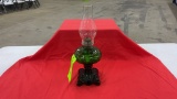 ANTIQUE GREEN OIL LAMP W/ TALL CHIMNEY SHADE