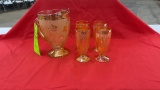 VINTAGE MARIGOLD PITCHER & 4 FOOTED GLASSES
