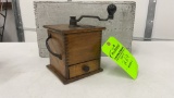 ANTIQUE WOOD DOVETAIL COFFEE GRINDER W/ DRAWER