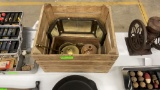 WOOD CRATE WITH ANTIQUR MIRROR, FIRE STARTER,