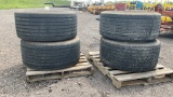 QTY 4)445/50R22.5 SUPER SINGLES-ON ALUMINUM WHEELS