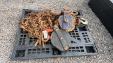 PALLET OF CHAINS & BINDERS ON PULLEYS