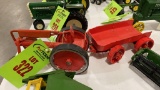 RED METAL TRACTOR W/ TRAILER W/ 3 SIDES