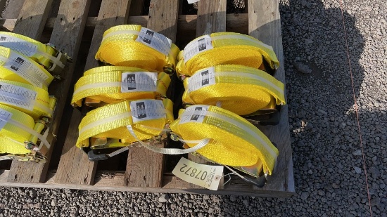 UNUSED QTY 6) 2" X 27' RATCHET STRAPS W/FLAT HOOKS