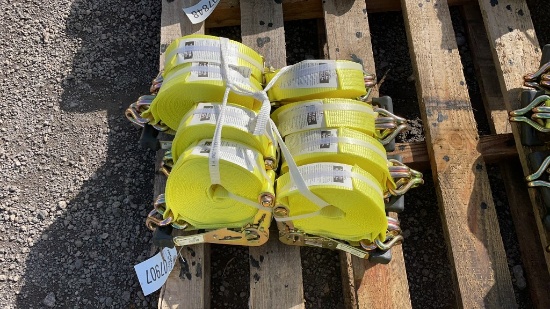 UNUSED QTY 8) 2" X 27' RATCHET STRAPS W/J HOOKS